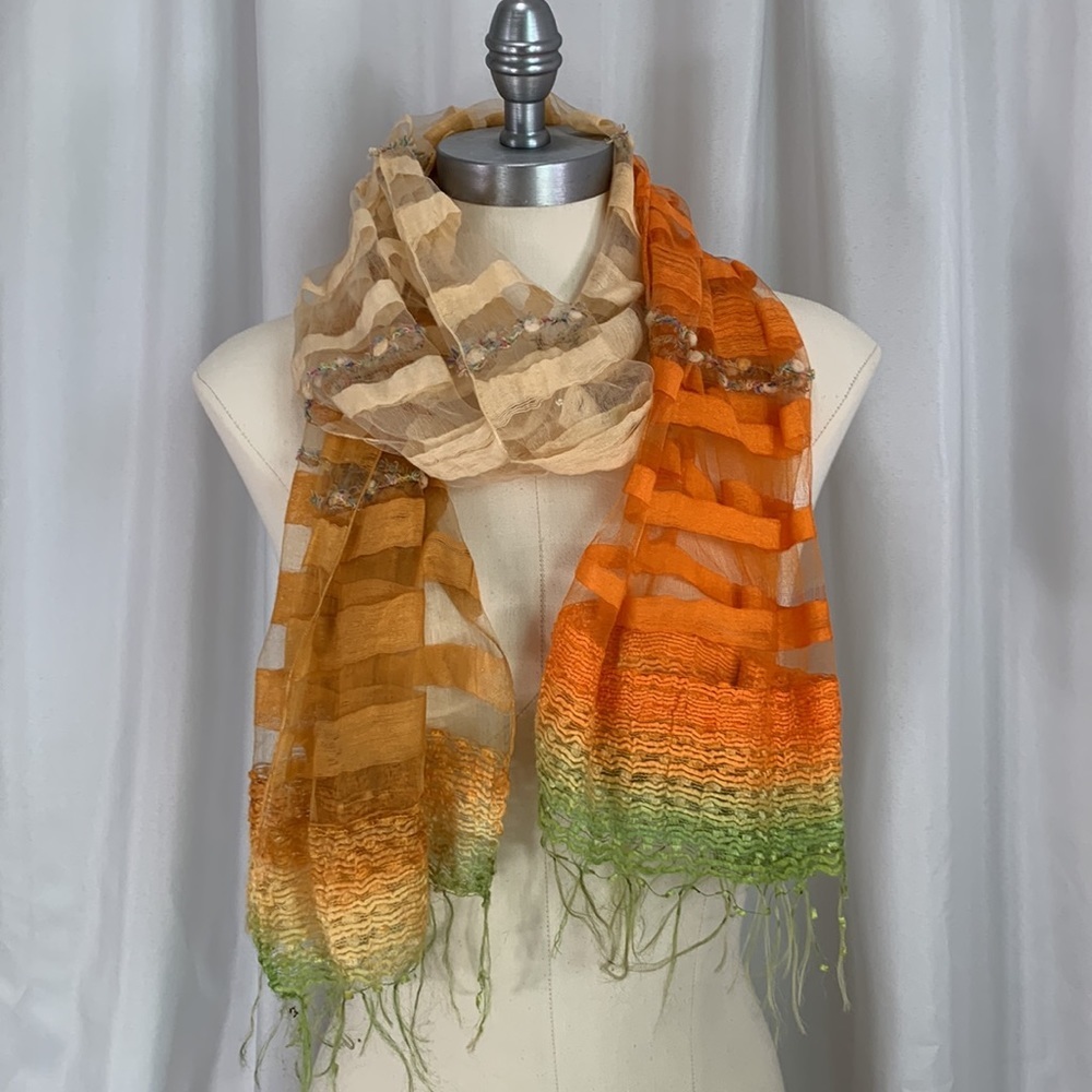Like New-Turkish, Autumn toned Multicolored Scarf, Fringe, Stripes 22"x 65"